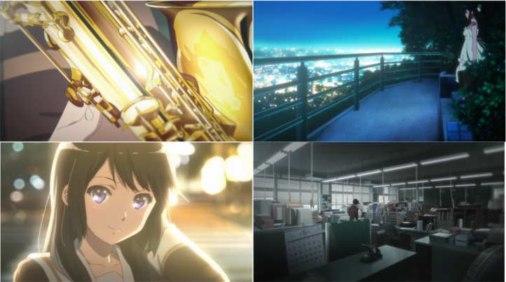 Clockwise from top left: reflections on instruments, dreamy city lights from atop a hill, the conductor alone, lights melting into each other as Reina smiles