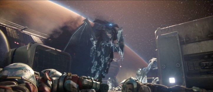 The main boss of the game Oryx, the Taken King as he surveys the destruction of a base on the moon of Mars.