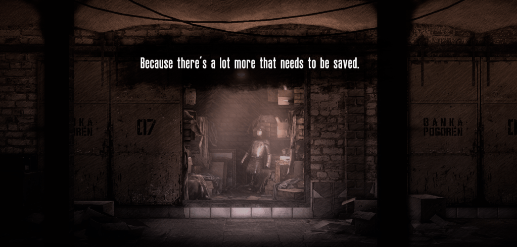 A screenshot of the game ending, where the bank vault is filled with artifacts. It reads: "Because there's a lot more that needs to be saved."